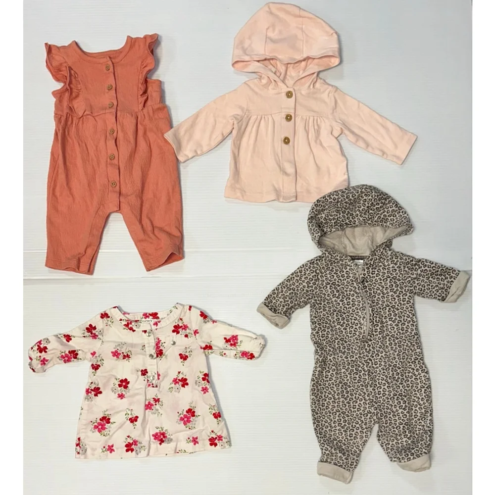 Lot of 4 Baby Girl Carter's Coral Ruffle Romper Jacket Top 3 Months Bundle